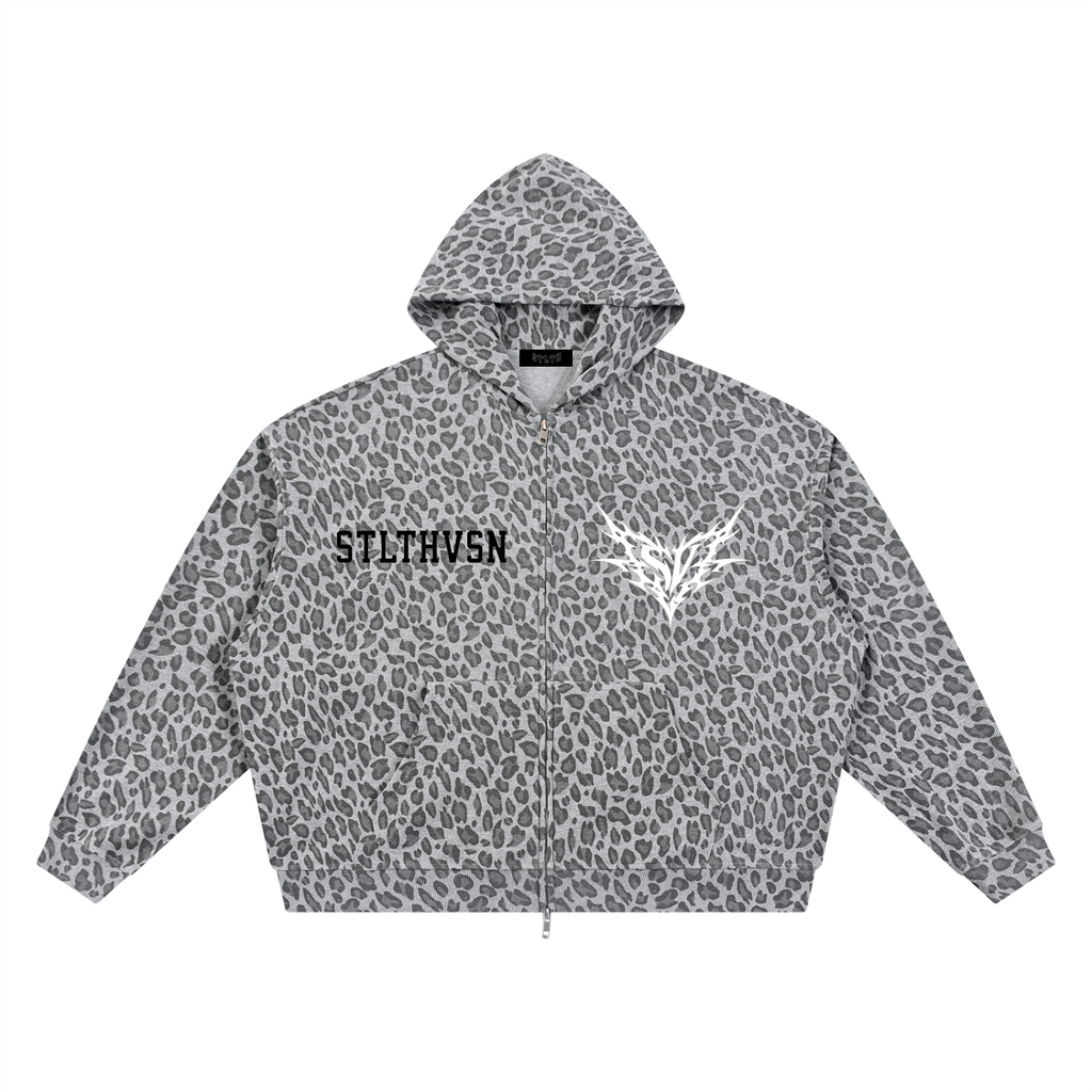 Green Leopard Print Waffle Full Zip Hoodie