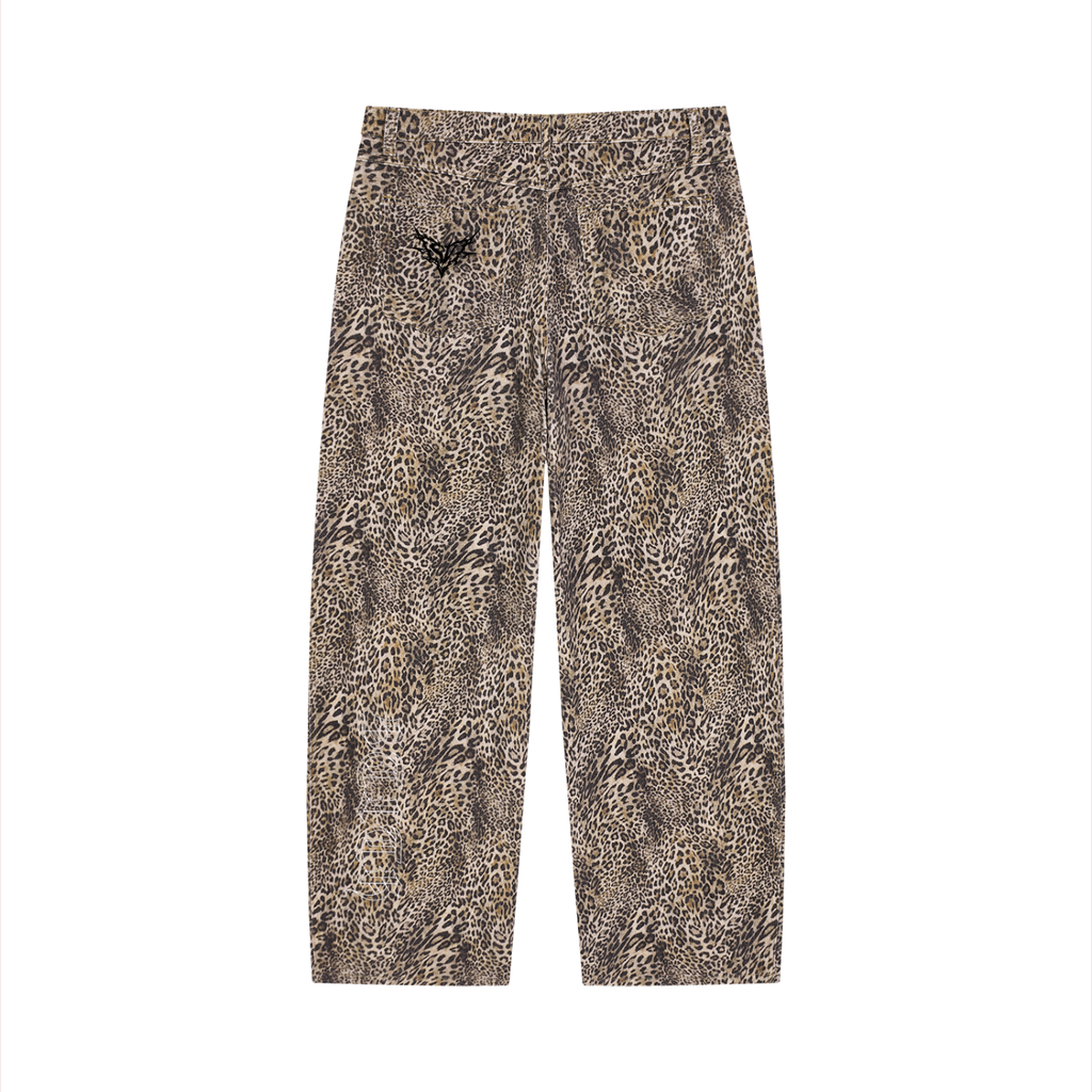Unisex Vintage Wash Leopard Wide Leg Jeans