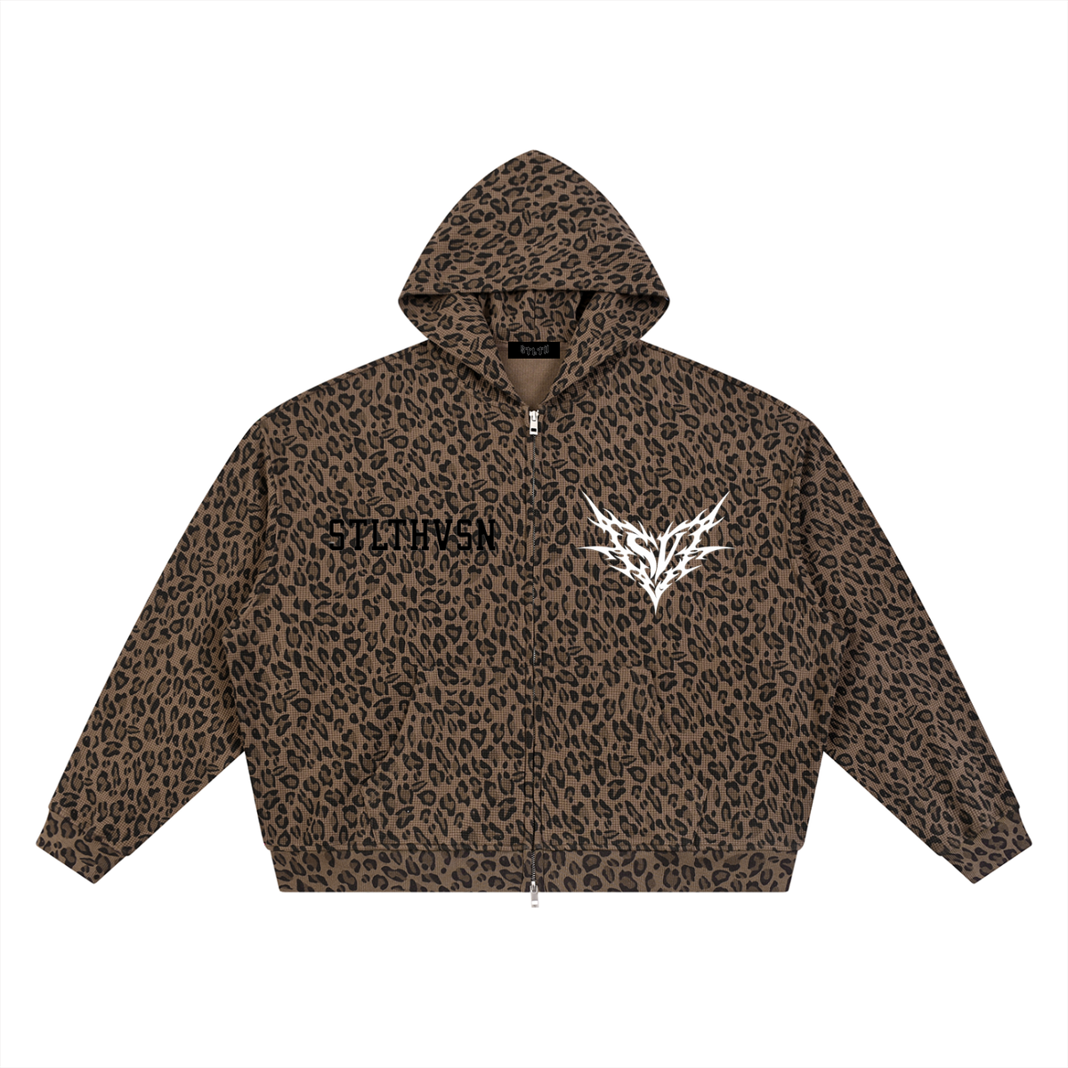 Green Leopard Print Waffle Full Zip Hoodie
