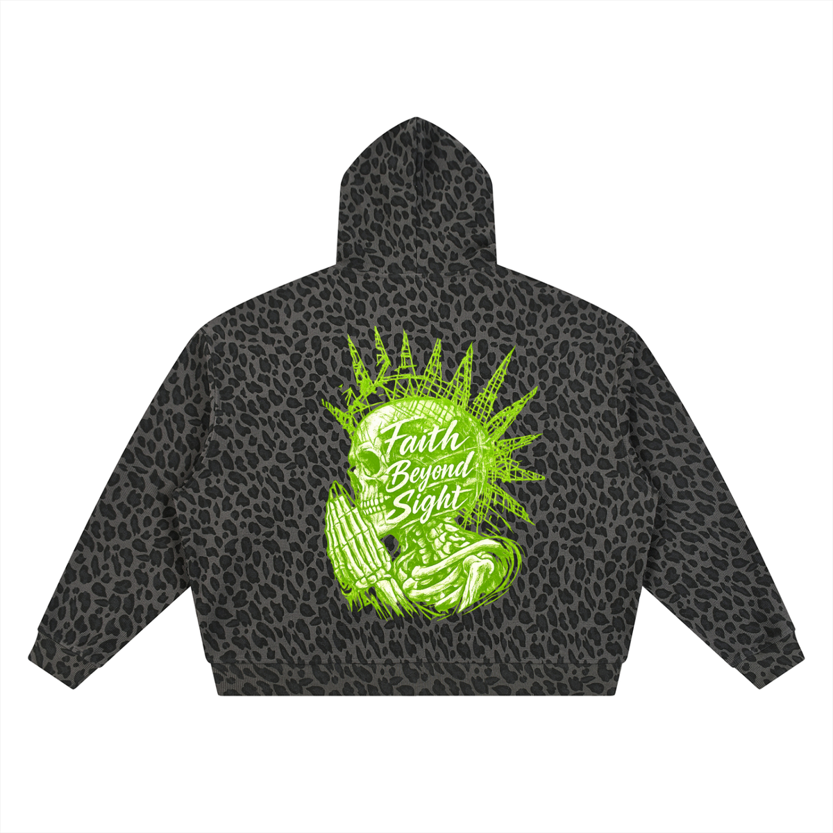 Green Leopard Print Waffle Full Zip Hoodie