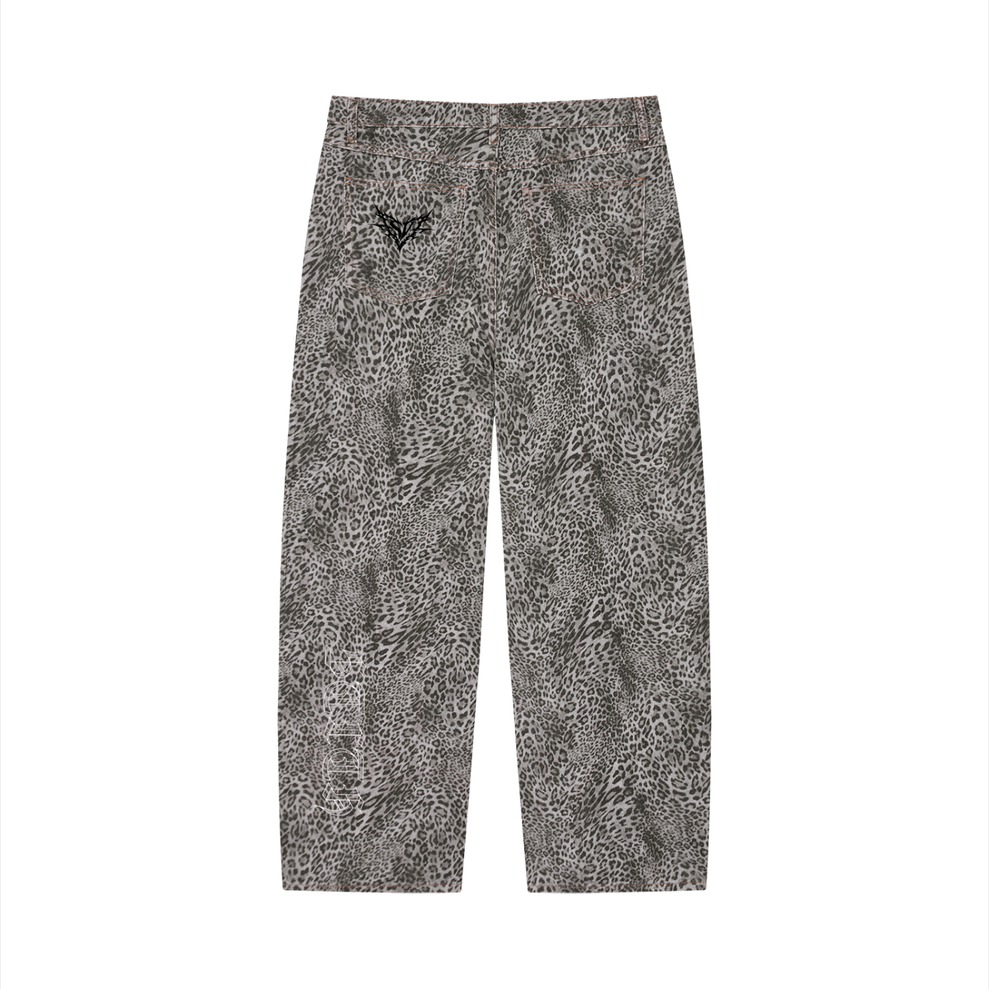 Unisex Vintage Wash Leopard Wide Leg Jeans