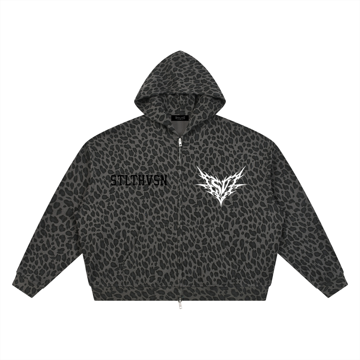 Green Leopard Print Waffle Full Zip Hoodie