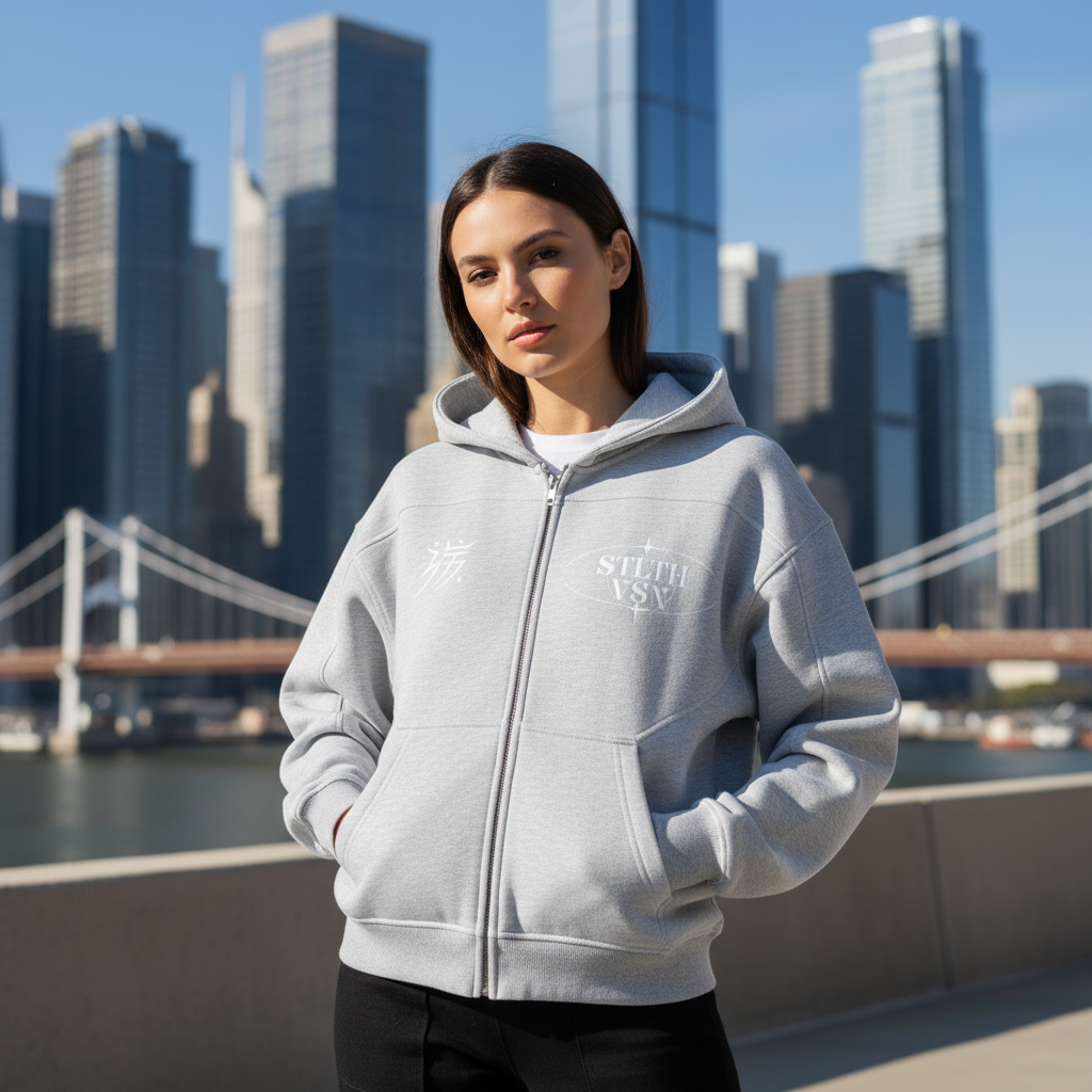 Contrast-Stitched Boxy Fleece Zip Hoodie