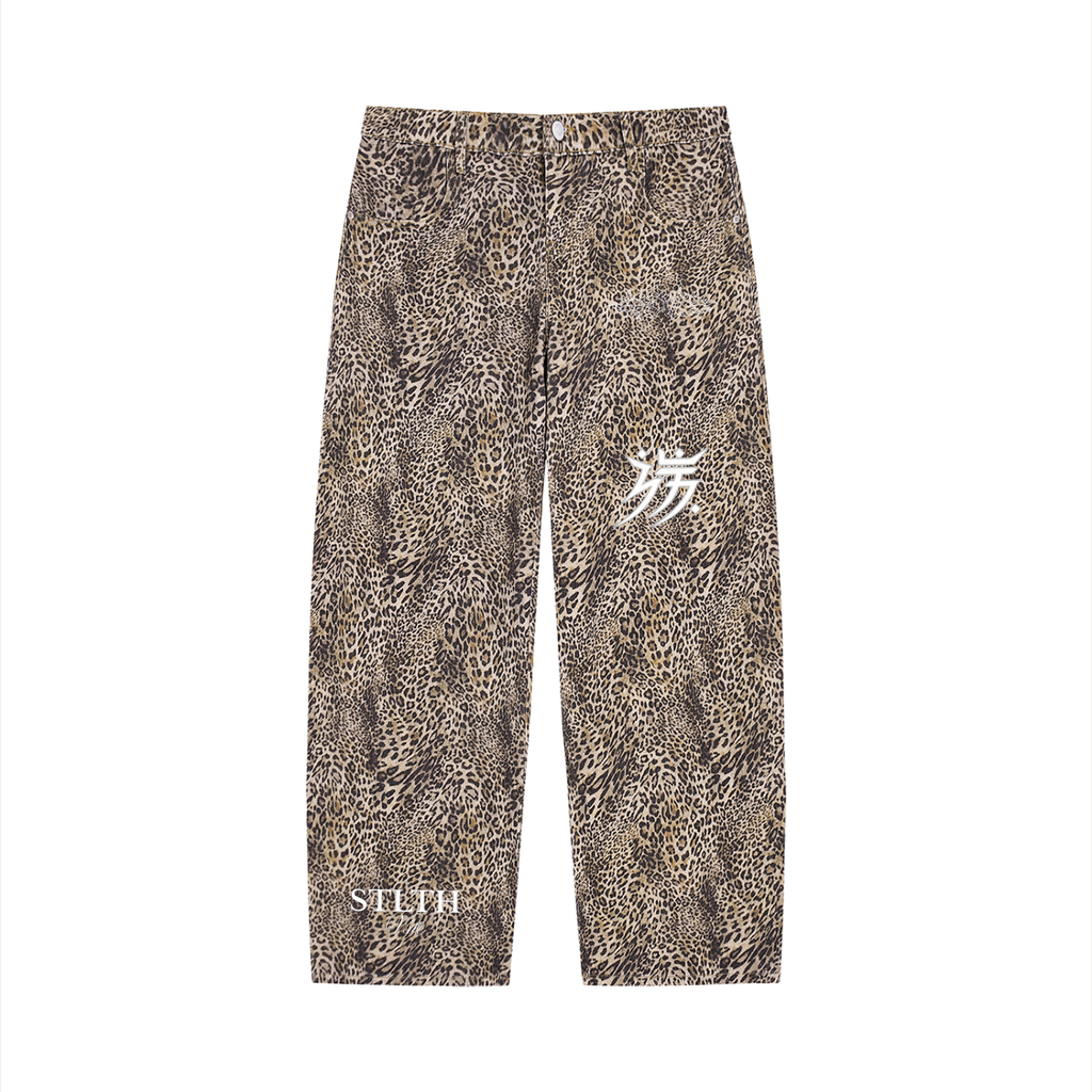 Unisex Vintage Wash Leopard Wide Leg Jeans