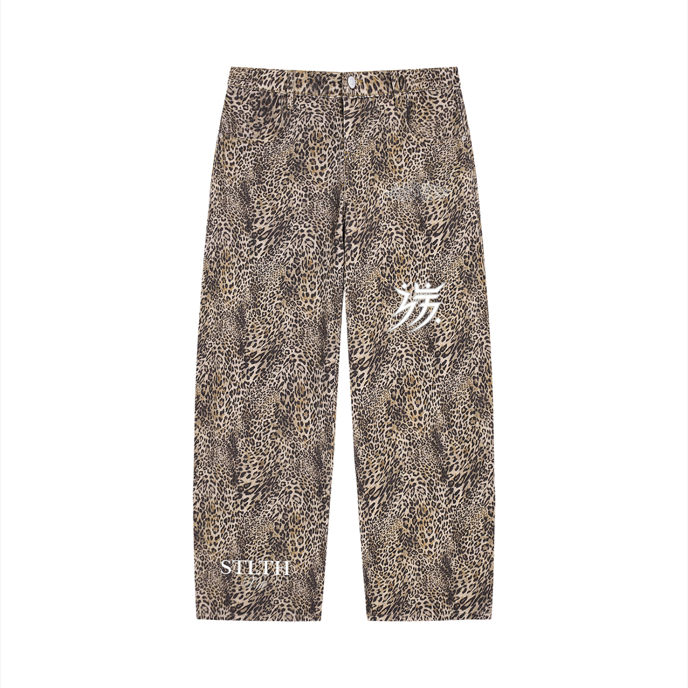Unisex Vintage Wash Leopard Wide Leg Jeans